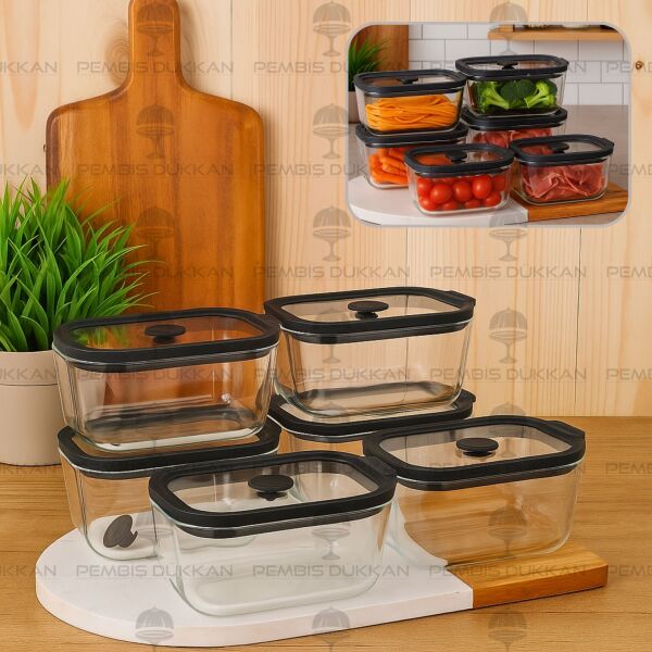 6lı Siyah 470ml Silikon Vakumlu, Cam Saklama Kabı (3h01)