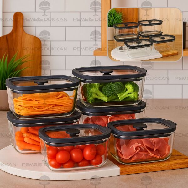 6lı Siyah 470ml Silikon Vakumlu, Cam Saklama Kabı (3h01)
