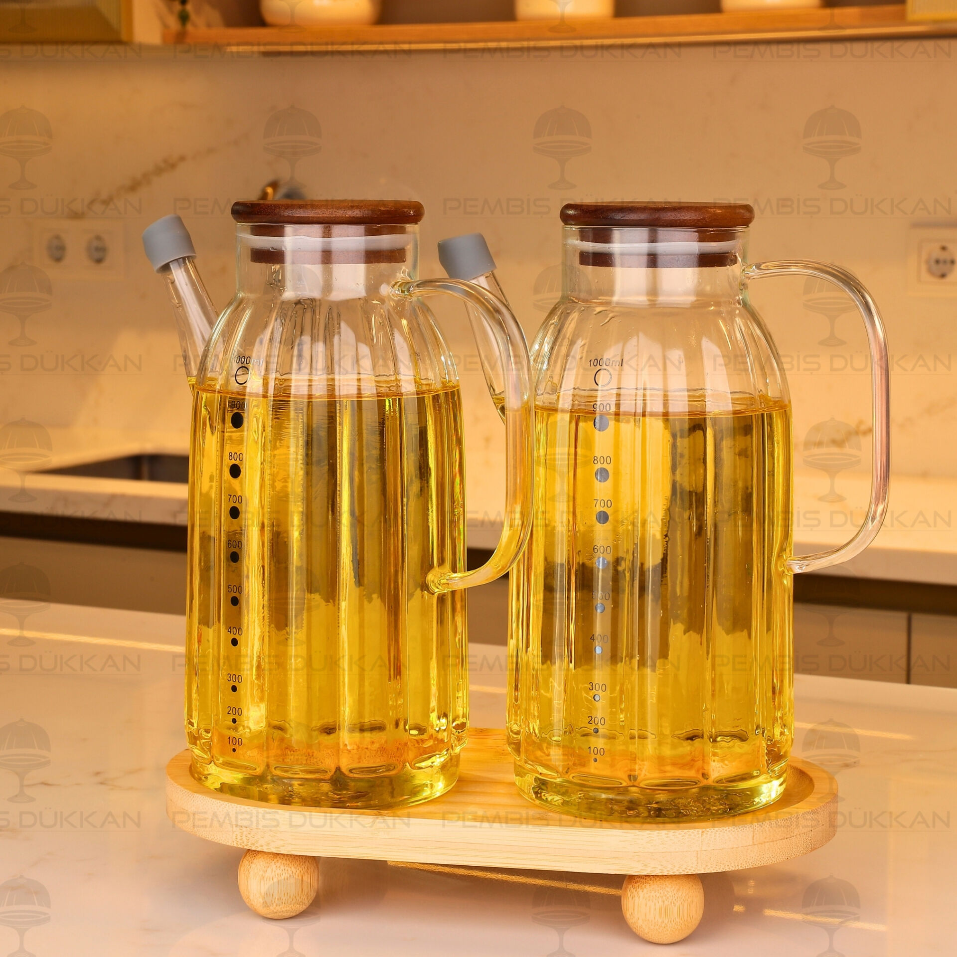Bambu Altlıklı, 2li Kalın Çizgili Akasya Yağdanlık Set (Gla021 + 1094)
