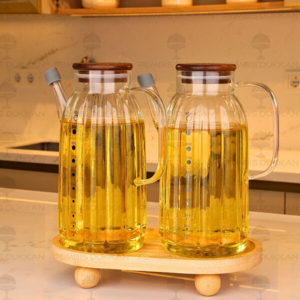 Bambu Altlıklı, 2li Kalın Çizgili Akasya Yağdanlık Set (Gla021 + 1094)