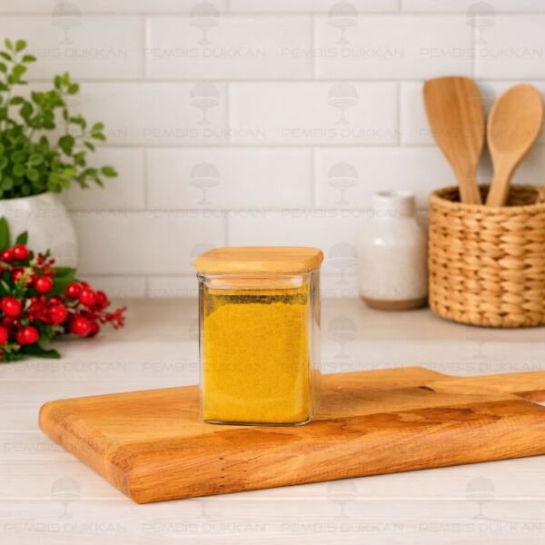 1 Adet 200ml Kare Bambu Kapaklı Baharatlık (1348)