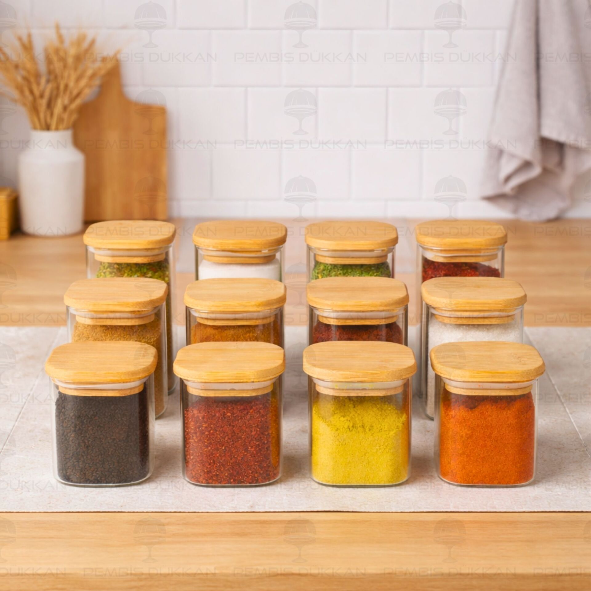 12li Kare Bambu Kapaklı Baharatlık Kavanoz Set