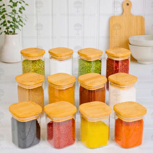 12li Kare Bambu Kapaklı Baharatlık Kavanoz Set