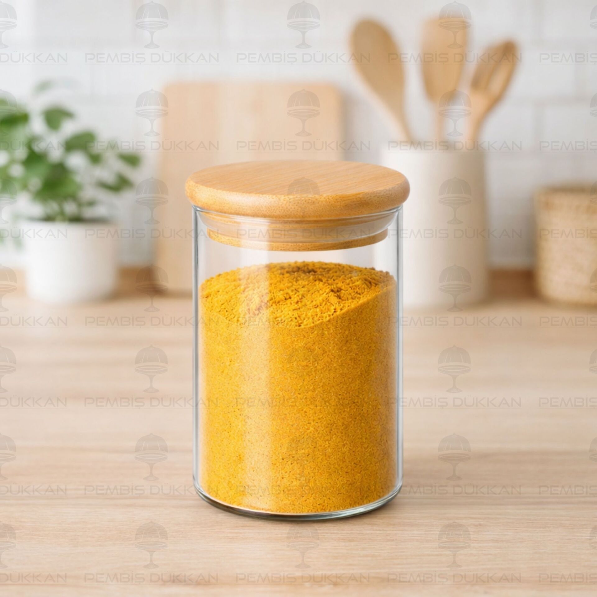 1 Adet 250ml Yuvarlak Bambu Kapaklı Baharatlık (6510)