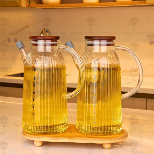 Bambu Altlıklı, 2li İnce Çizgili Akasya Yağdanlık Set (Gla022 + 1526)
