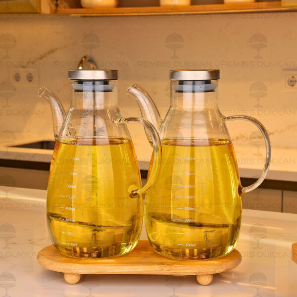 Bambu Altlıklı, 2li Milagra Metal Kapaklı Yağdanlık Set (Gla017 + 1526)