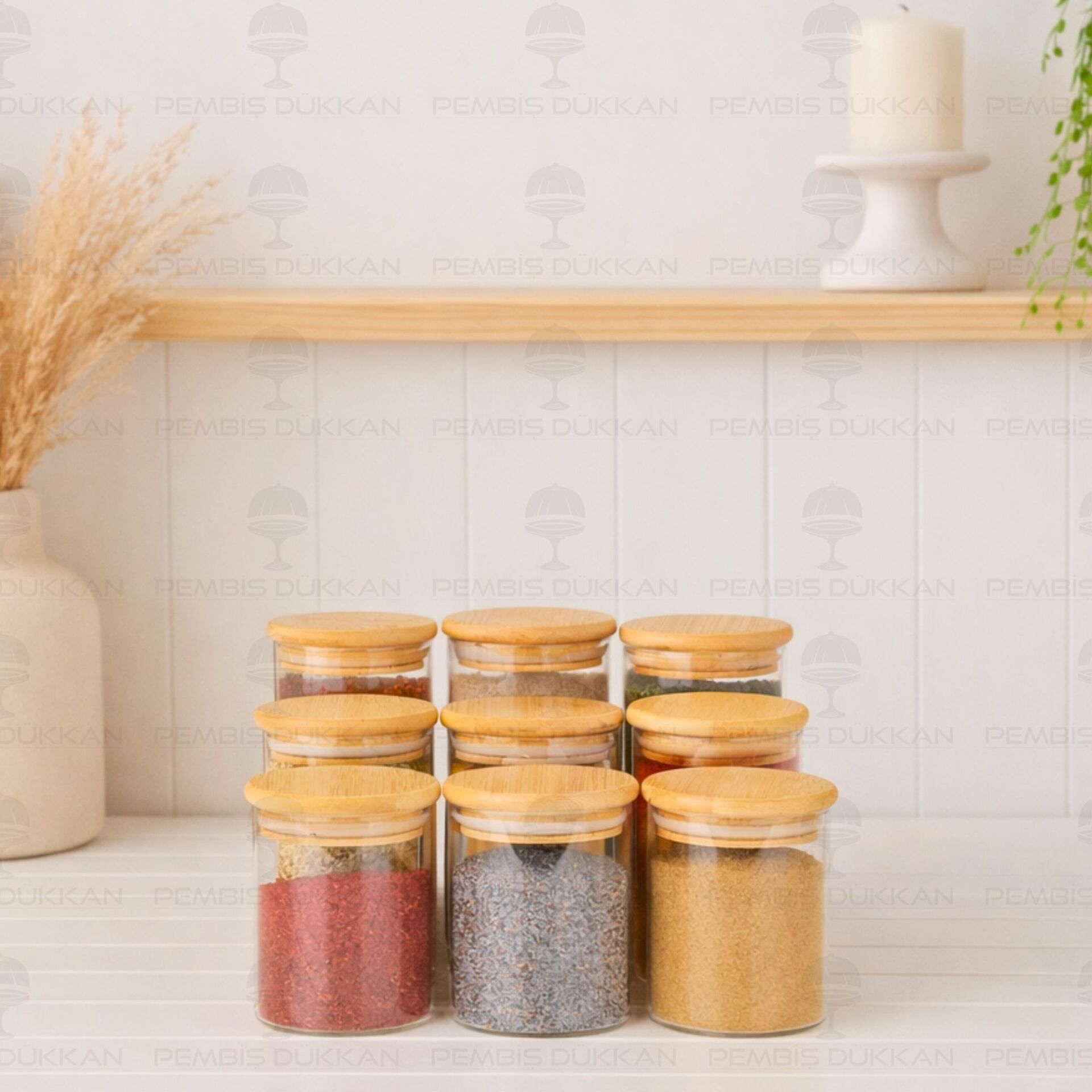 9lu Yuvarlak Bambu Kapaklı Baharatlık Kavanoz Set
