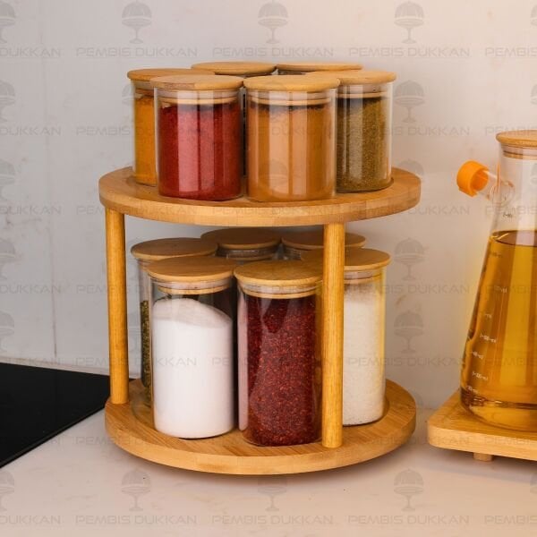 2 Katlı Dönen Tezgah Üstü, 12li Bambu Kapaklı Baharatlık Set (426-6508-6512)