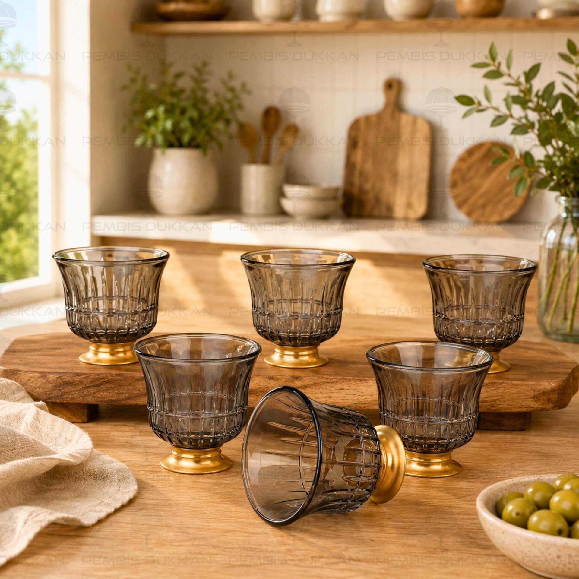 Kısa Gold Ayaklı Füme 6 Kişilik Kahve Yanı Kadeh