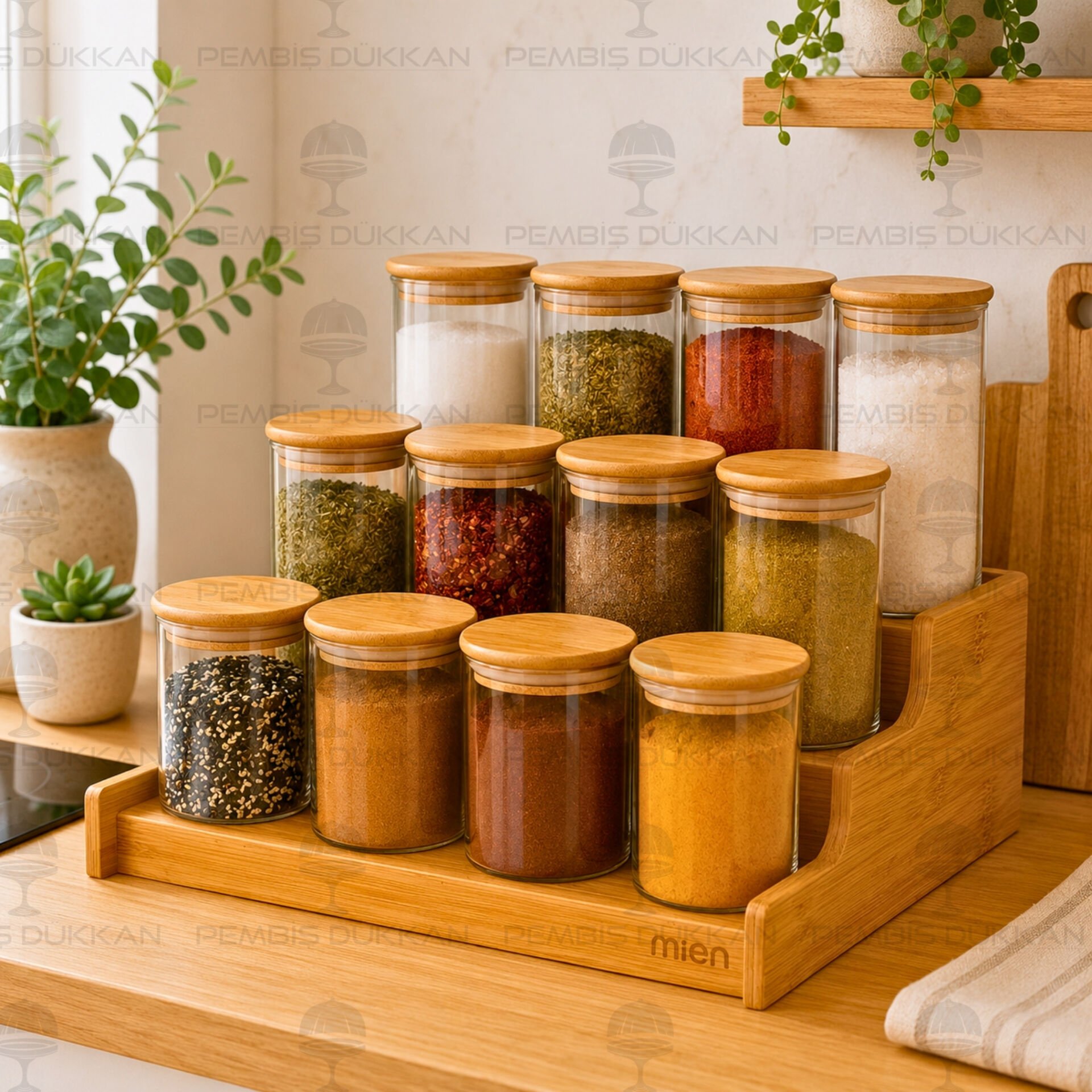 3 Basamaklı Tezgah Üstü, 12li Bambu Kapaklı Baharatlık Kombin Set (330-6508-6510-6512)