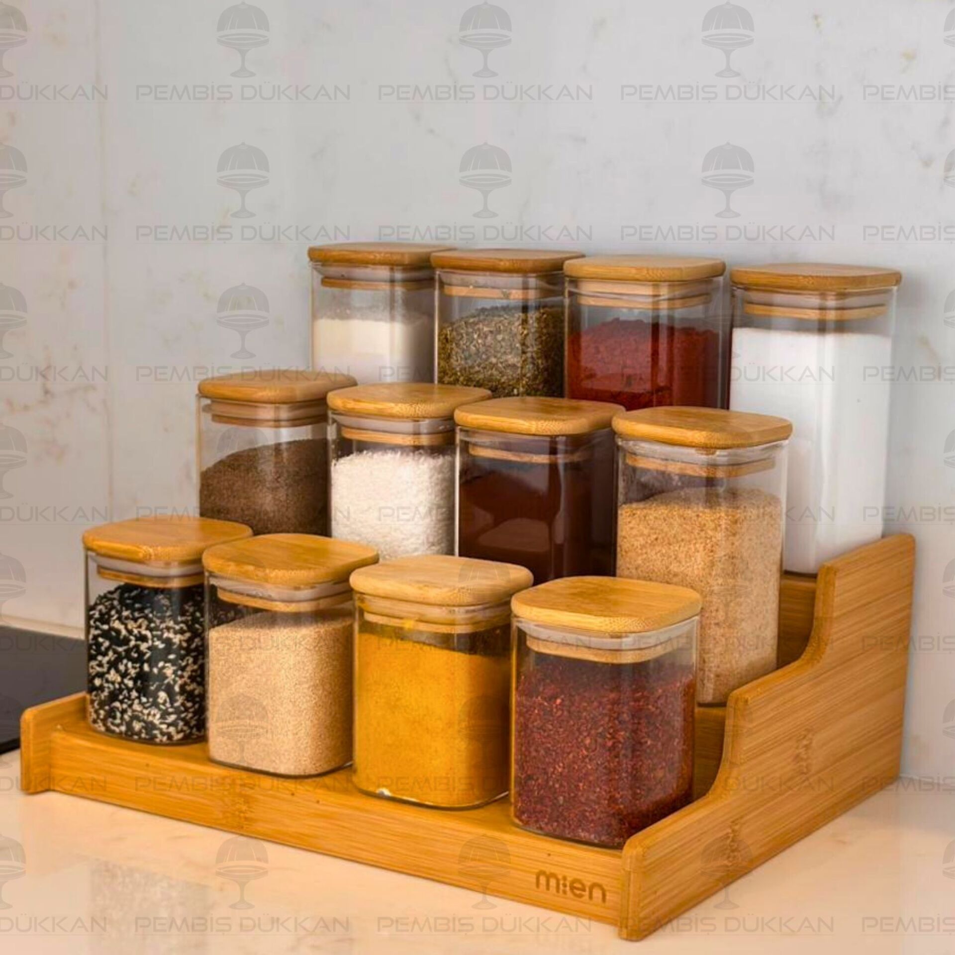 3 Basamaklı Tezgah Üstü, 12li Bambu Kapaklı Baharatlık (330-1348-1349-1350)