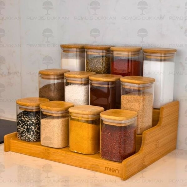 3 Basamaklı Tezgah Üstü, 12li Bambu Kapaklı Baharatlık (330-1348-1349-1350)