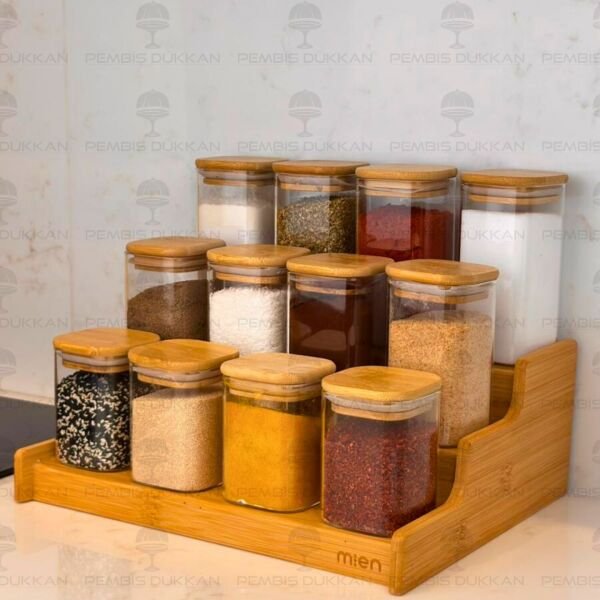 3 Basamaklı Tezgah Üstü, 12li Bambu Kapaklı Baharatlık (330-1348-1349-1350)