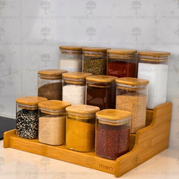 3 Basamaklı Tezgah Üstü, 12li Bambu Kapaklı Baharatlık (330-1348-1349-1350)