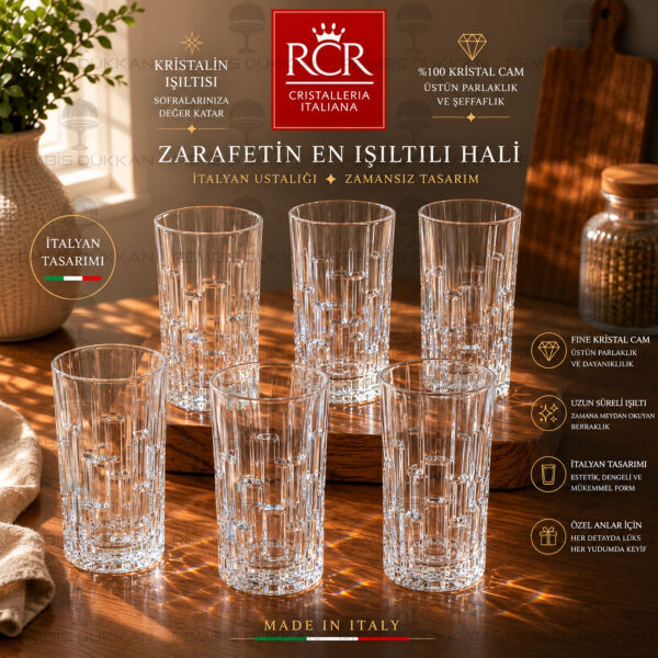 RCR Cristalleria Italiana Etna 6'lı Uzun Meşrubat Bardağı 340 ml
