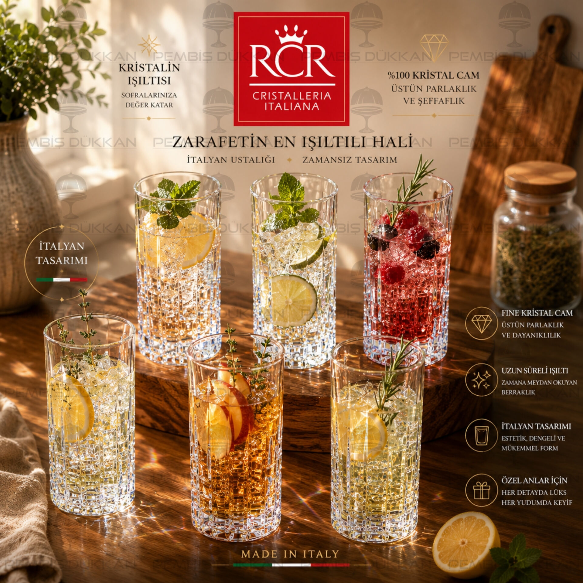 RCR Cristalleria Italiana Etna 6lı Uzun Meşrubat Bardağı 340 ml