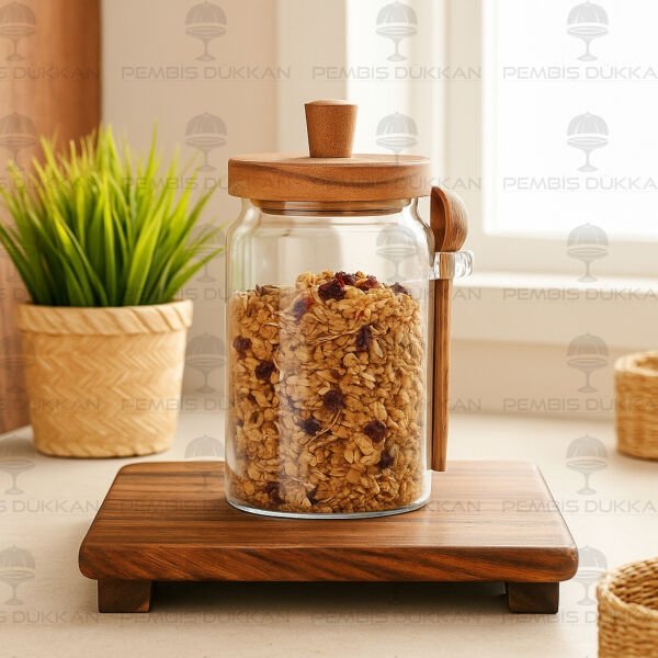 Nomi 900ml Kaşıklı, Akasya Kapaklı Kavanoz (Thn84313)