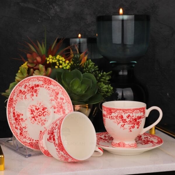 Kırmızı Vintage 2 Kişilik Romantik Fincan Takımı