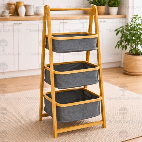 3 Katlı Bambu Gri Sepetli Organizer (700764)
