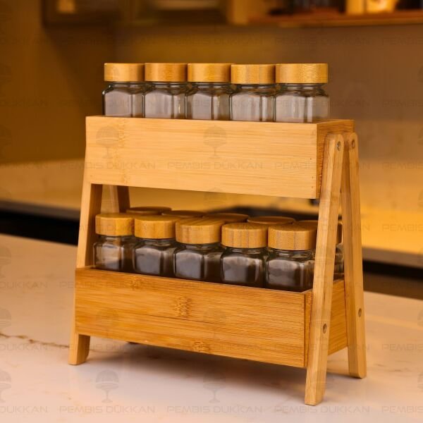 Bambu 2 Katlı Stand, 15li Bambu Baharatlık Tezgah Üstü Kombin Set (7b52-7119008)