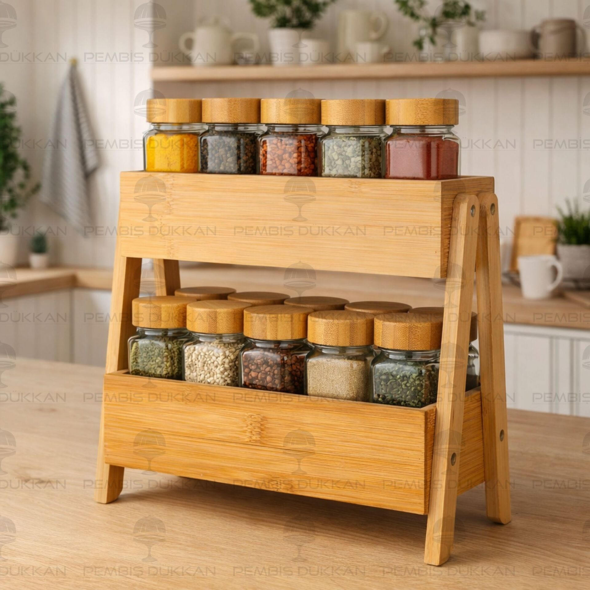 Bambu 2 Katlı Stand, 15li Bambu Baharatlık Tezgah Üstü Kombin Set (7b52-7119008)