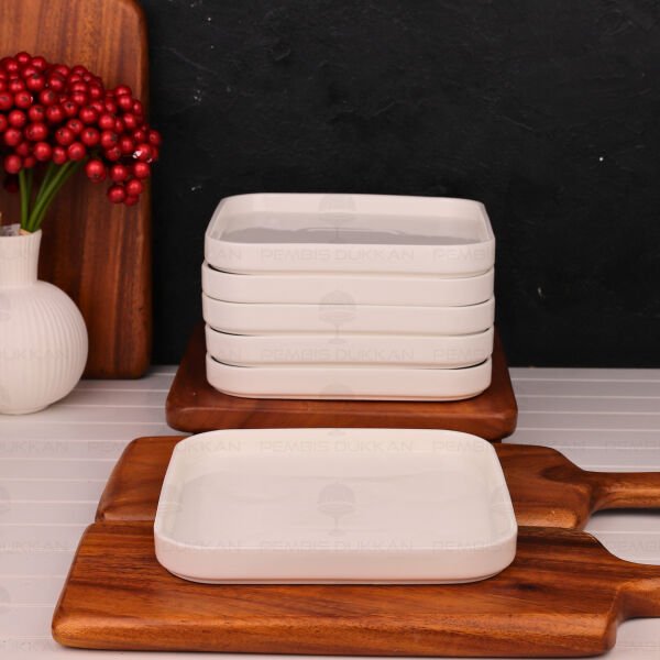 3 Adet Kare 20.7cm Porselen Pasta Tabağı (Por1902)