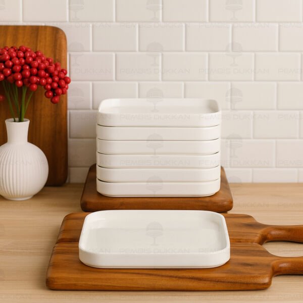 3 Adet Kare 20.7cm Porselen Pasta Tabağı (Por1902)