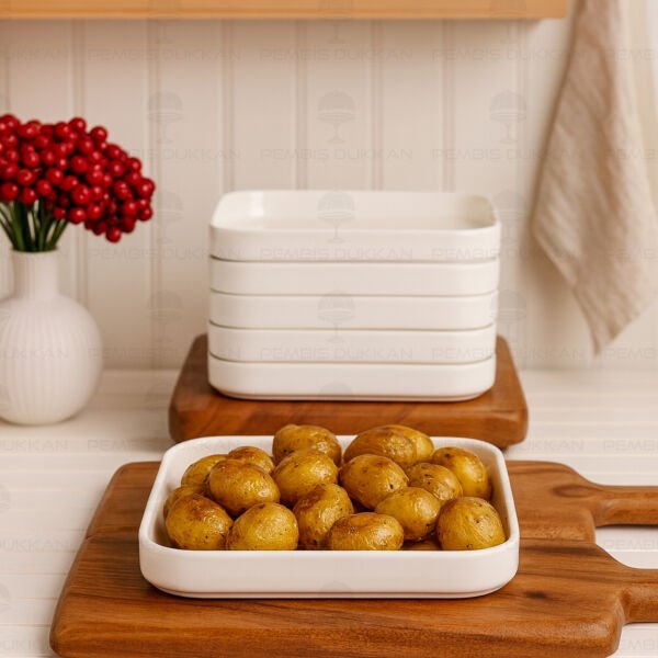 3 Adet Kare 20.7cm Porselen Pasta Tabağı (Por1902)