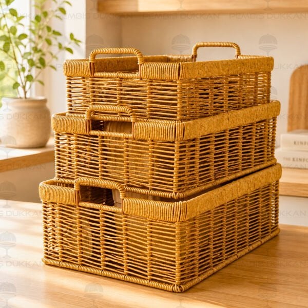 3lü Dikdörtgen Kulplu Rattan Sepet (6064)