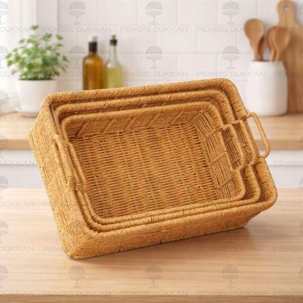 3lü Dikdörtgen Kulplu Rattan Sepet (6064)