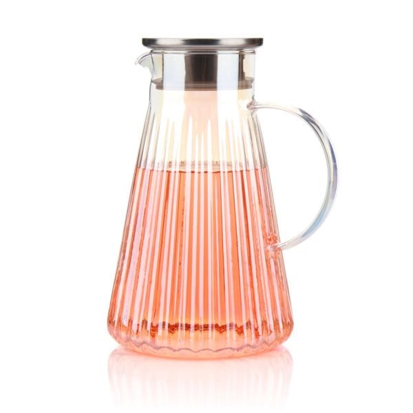 1800ml Piramis Çizgili, Metal Kapaklı Lüsterli Borosilikat Cam Sürahi (1j22)