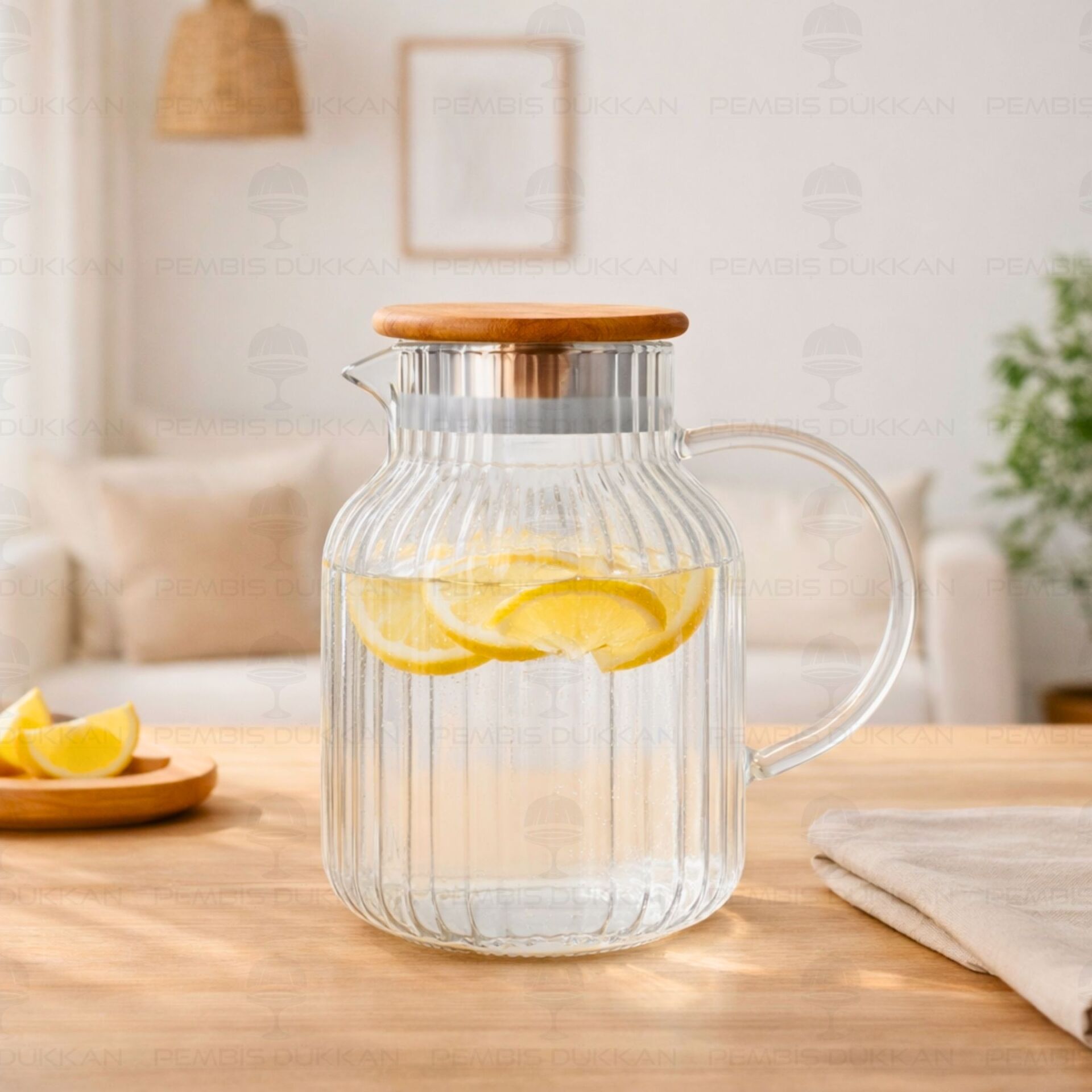 1500ml Pino Çizgili, Akasya Kapaklı Borosilikat Cam Sürahi (1j05)