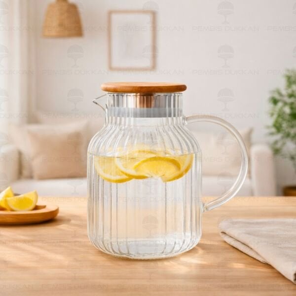 1500ml Pino Çizgili, Akasya Kapaklı Borosilikat Cam Sürahi (1j05)