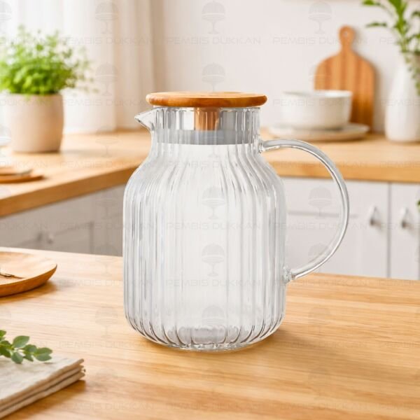 1500ml Pino Çizgili, Akasya Kapaklı Borosilikat Cam Sürahi (1j05)