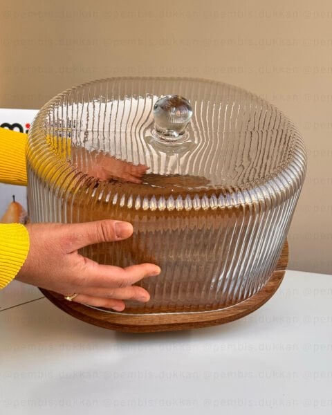 Oval Çizgili Ayaklı Akasya Standlı, Cam Pasta & Kek Fanusu (240044)