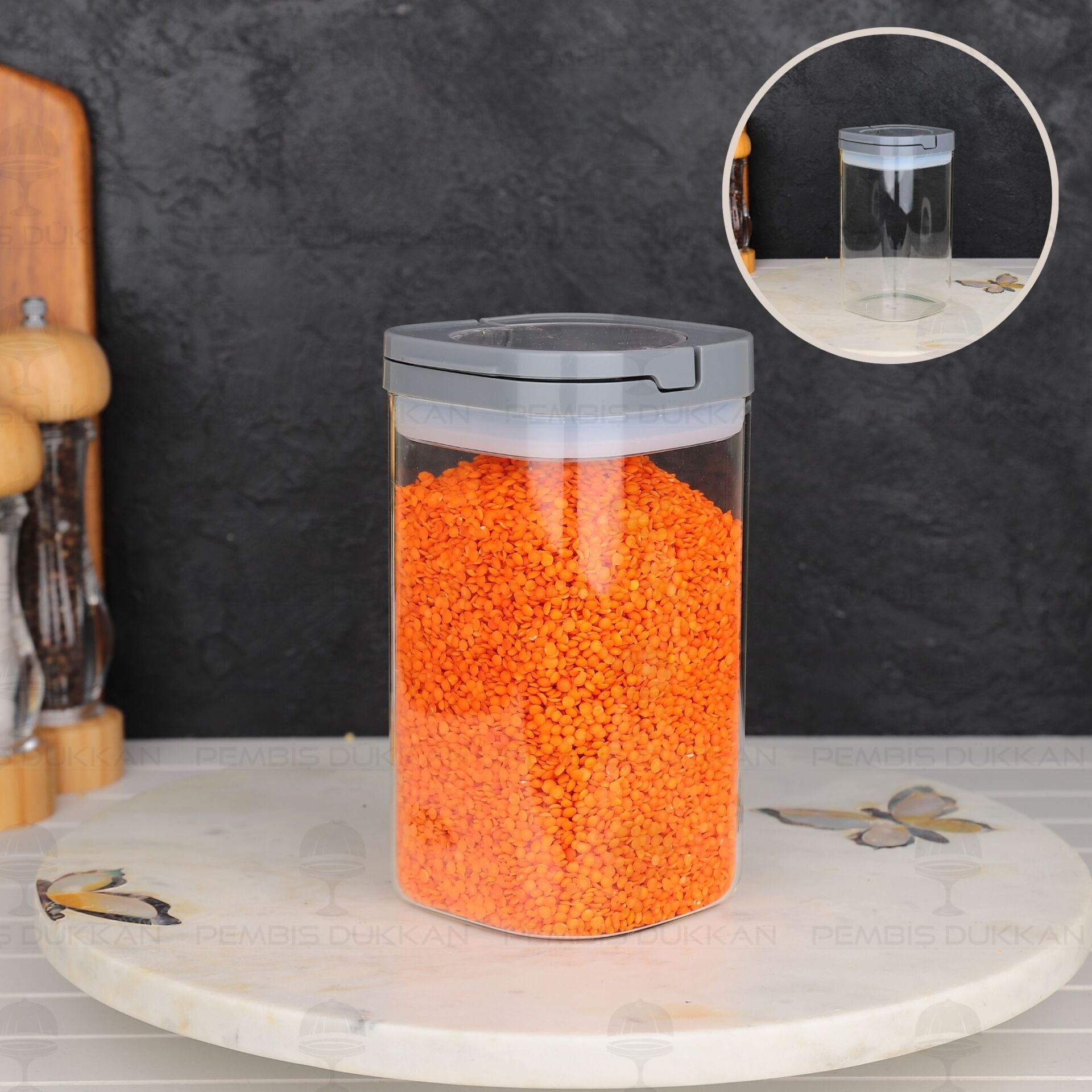 Gri Kare Tesora 1200ml Vakum Kapak Cam Kavanoz (88513)