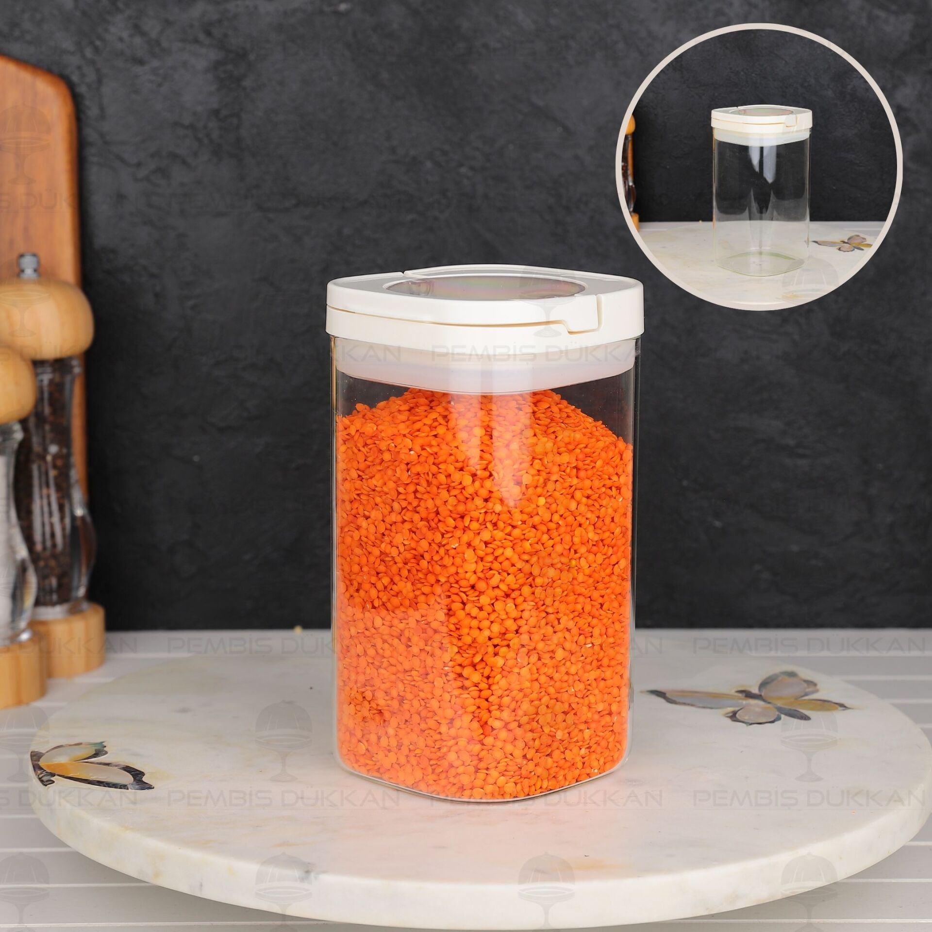 Beyaz Kare Tesora 1200ml Vakum Kapak Cam Kavanoz (88503)
