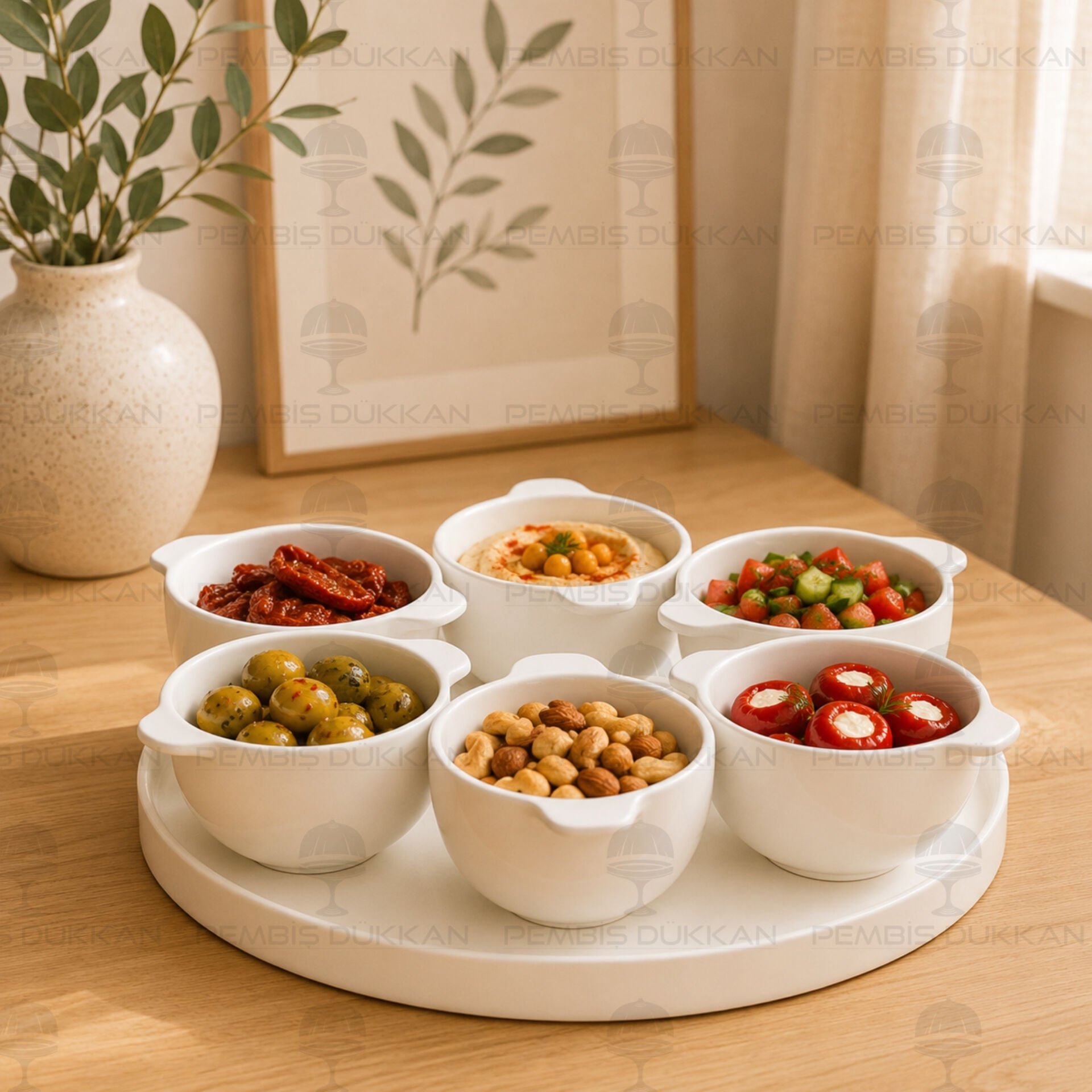 Lotus Masa Ortası Porselen Altlıklı, Çerez & Reçellik Kombin Set 7 (G3479)