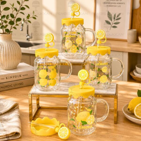 1 Adet Limon Desenli Silikon Kapaklı Cam Pipetli Kupa