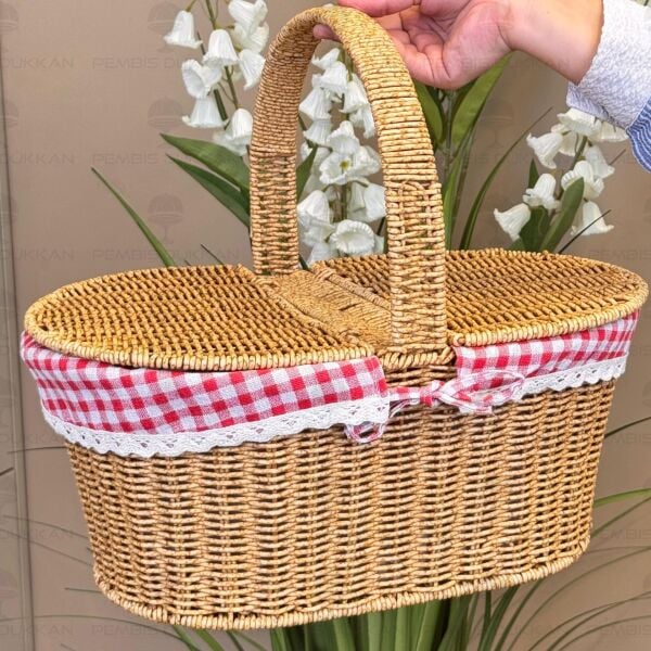 Oval Rattan Bezli Kapaklı Piknik Sepeti