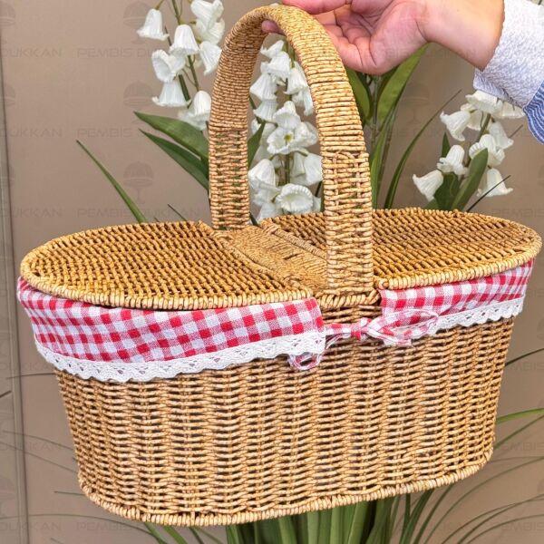 Oval Rattan Bezli Kapaklı Piknik Sepeti