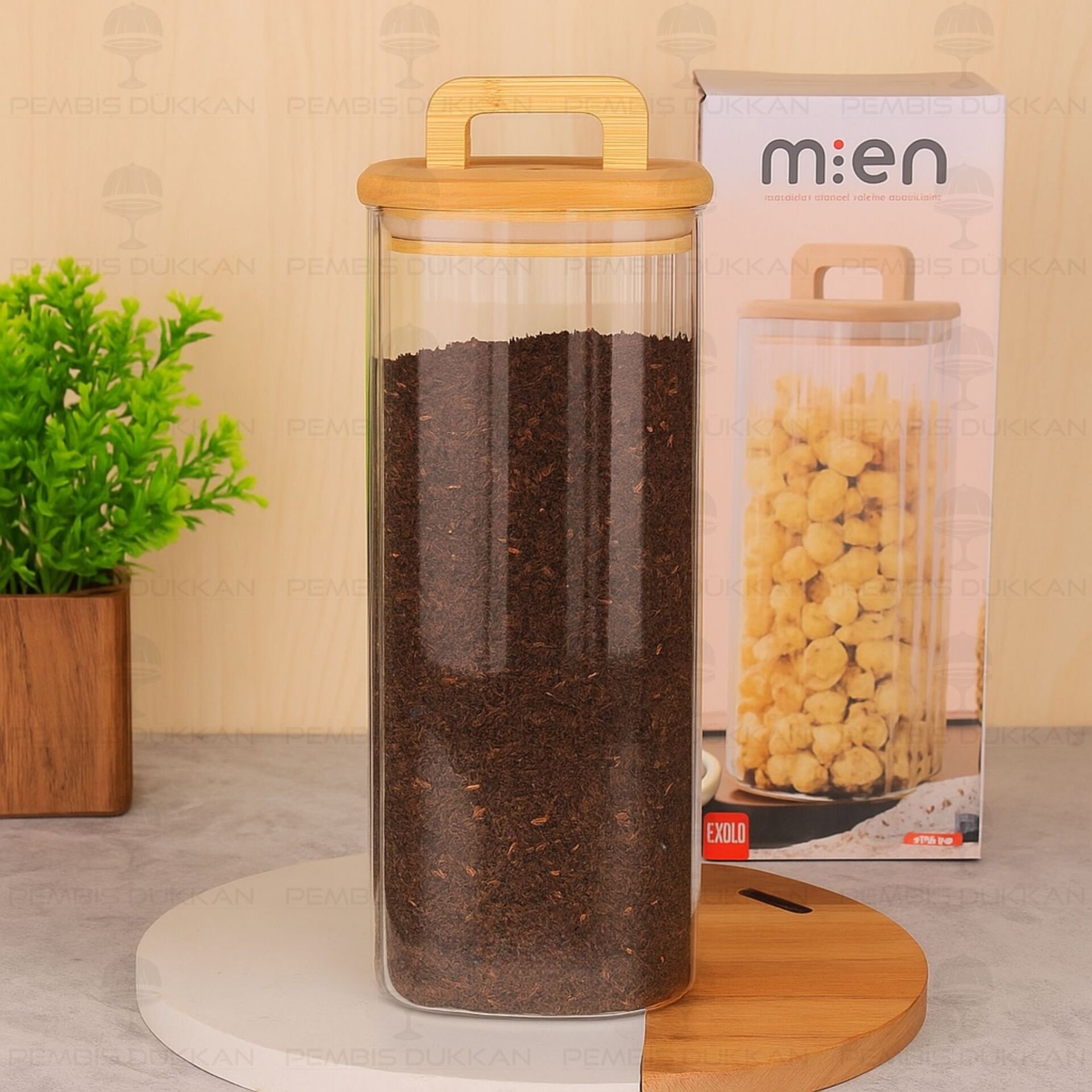 Kare Milla 1850ml Bambu Kapaklı, Çizgili Kavanoz (Bor 096)