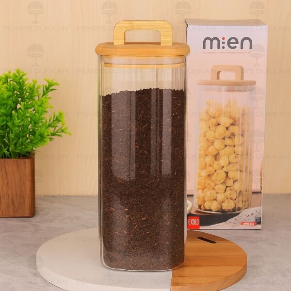 Kare Milla 1850ml Bambu Kapaklı, Çizgili Kavanoz (Bor 096)