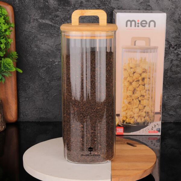Kare Milla 1850ml Bambu Kapaklı, Çizgili Kavanoz (Bor 096)