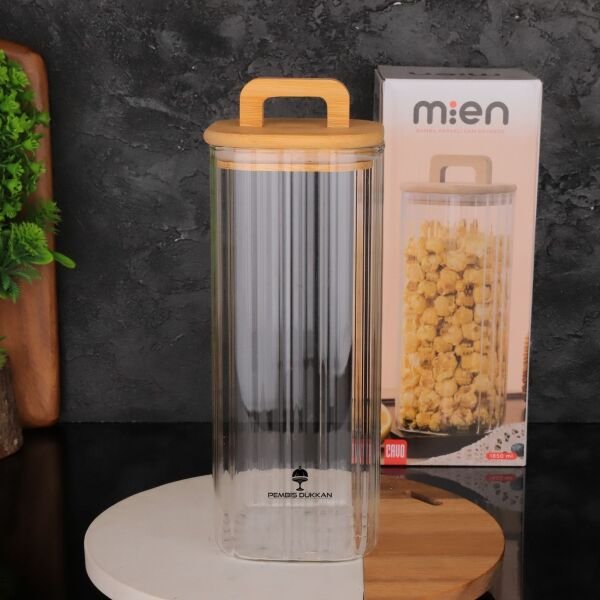 Kare Milla 1850ml Bambu Kapaklı, Çizgili Kavanoz (Bor 096)