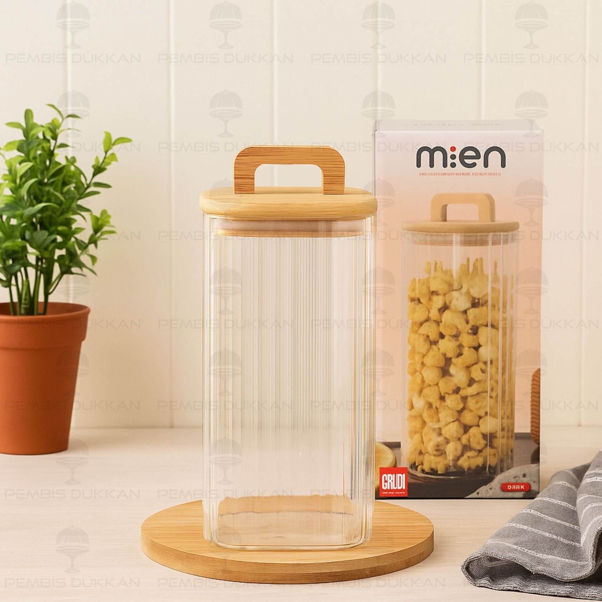 Kare Milla 1500ml Bambu Kapaklı, Çizgili Kavanoz (Bor 095)
