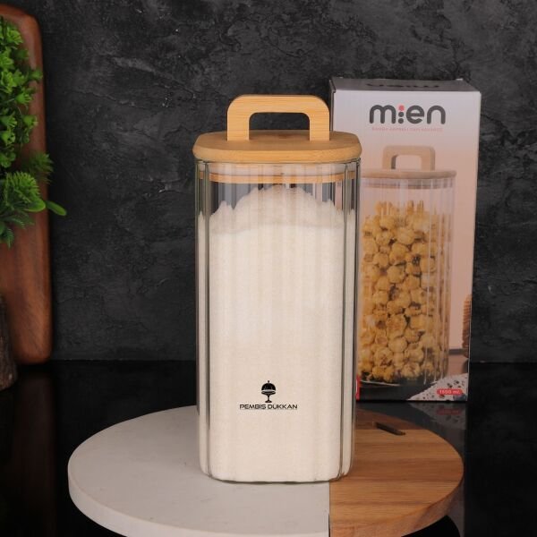 Kare Milla 1500ml Bambu Kapaklı, Çizgili Kavanoz (Bor 095)
