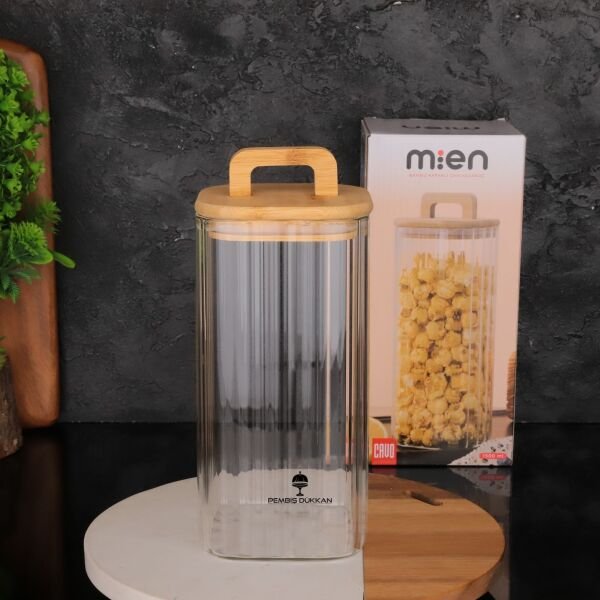 Kare Milla 1500ml Bambu Kapaklı, Çizgili Kavanoz (Bor 095)