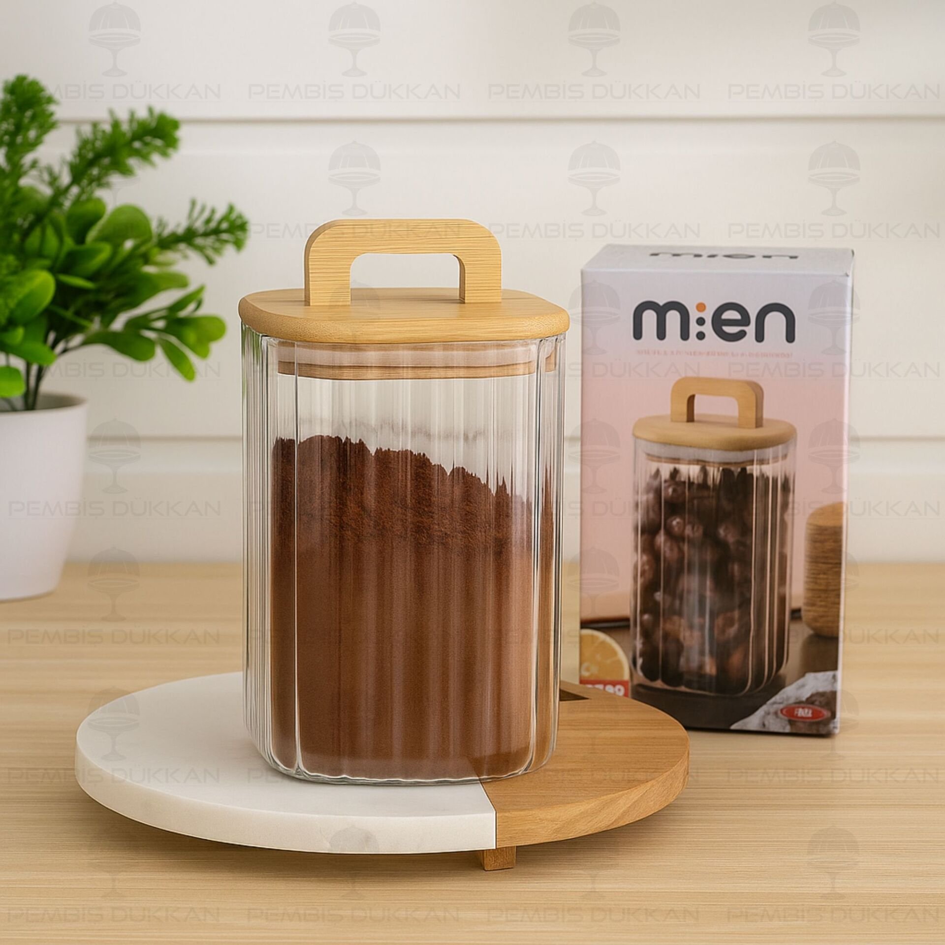 Kare Milla 1100ml Bambu Kapaklı, Çizgili Kavanoz (Bor 094)