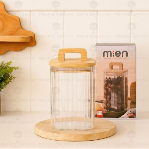 Kare Milla 1100ml Bambu Kapaklı, Çizgili Kavanoz (Bor 094)